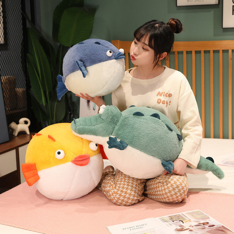 Popular cute round plush toy pillow with chubby crocodile and pufferfish design, perfect for girls to sleep with.