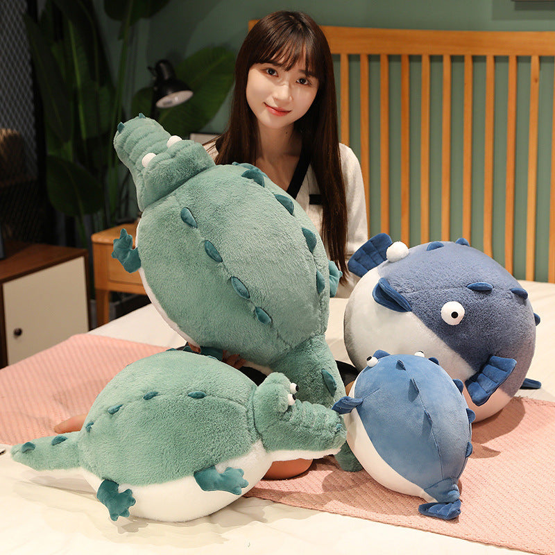 Popular cute round plush toy pillow with chubby crocodile and pufferfish design, perfect for girls to sleep with.