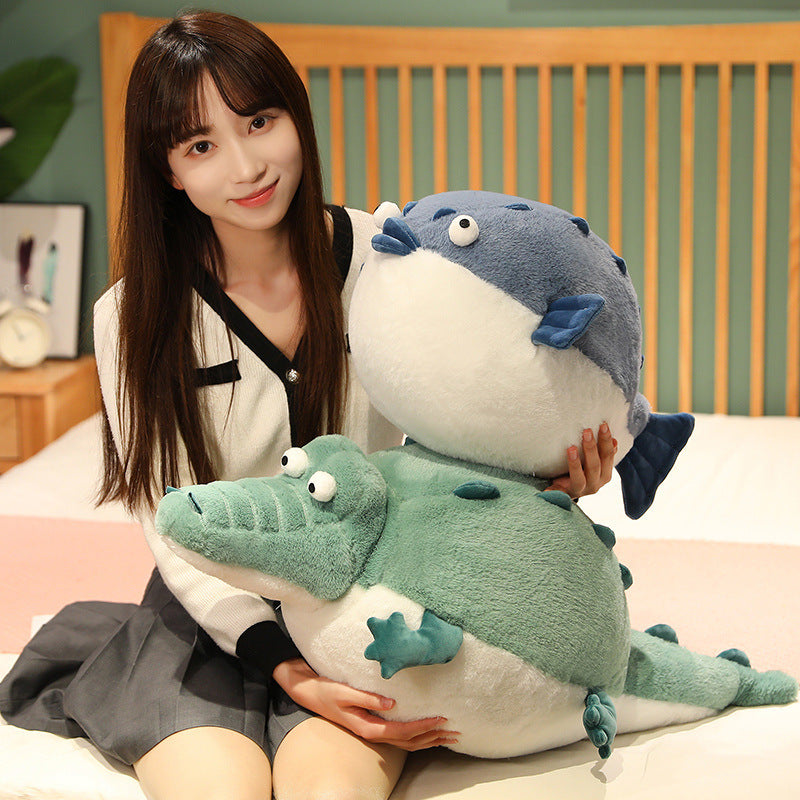 Popular cute round plush toy pillow with chubby crocodile and pufferfish design, perfect for girls to sleep with.