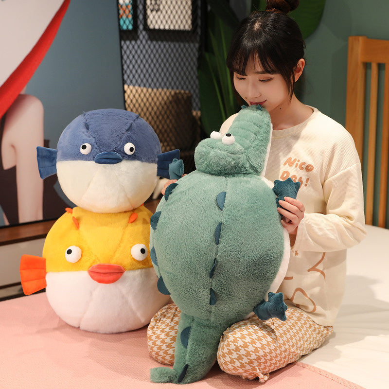 Popular cute round plush toy pillow with chubby crocodile and pufferfish design, perfect for girls to sleep with.
